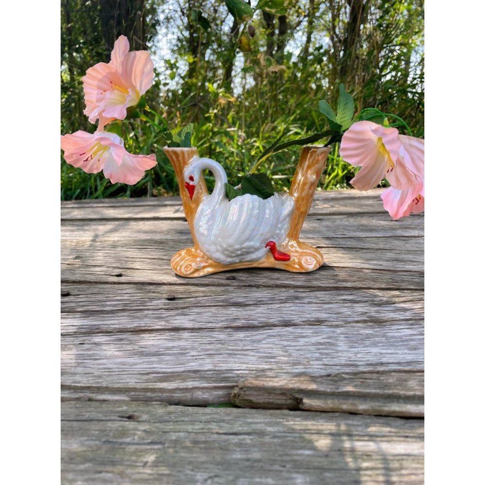 Vintage 1950s Lusterware Swan Planter With Vases